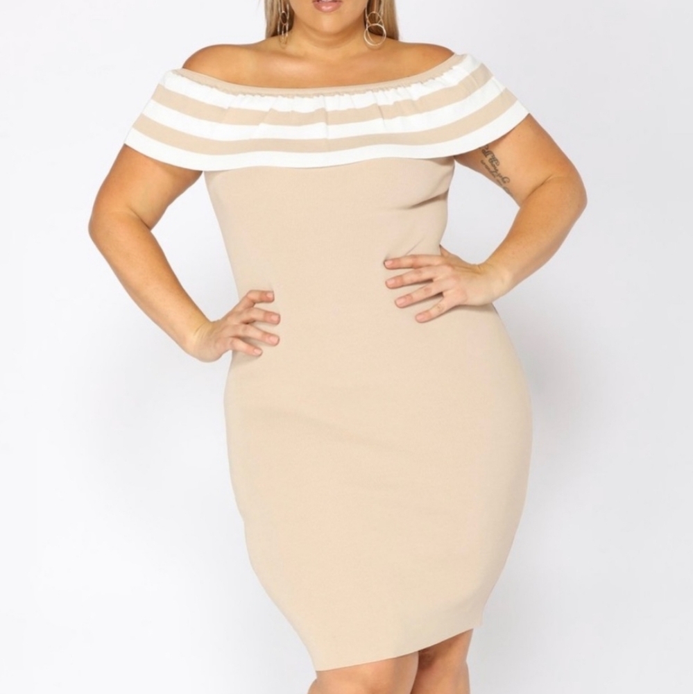 Off the Shoulder Stripe Flounce Knit Bodycon